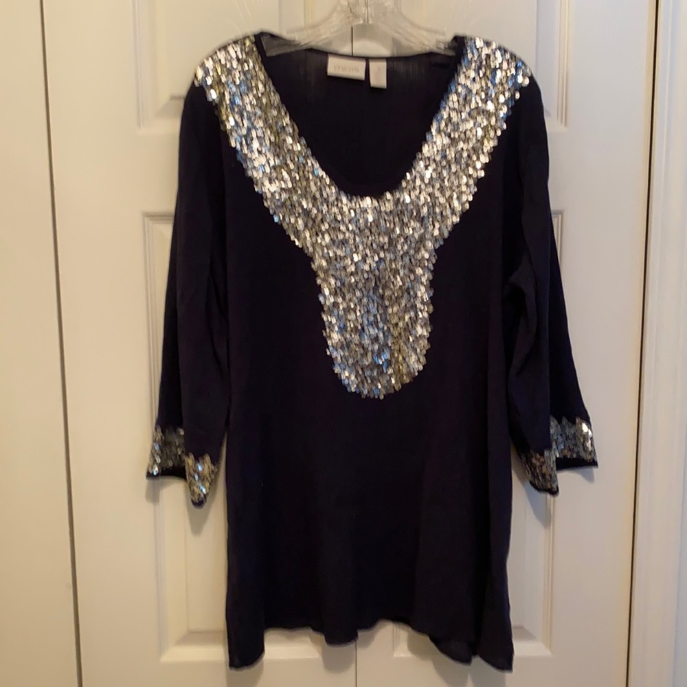 CHICO’S Navy Top Trimmed w/ Sequins, NWO Tags,  XL